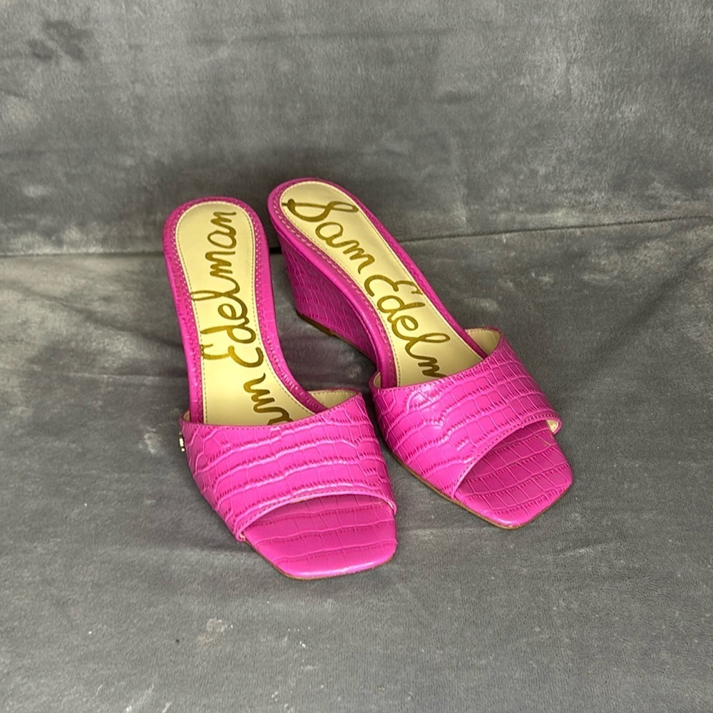 Sam Edelman Tesma Pink Croc Embossed Wedge Slides 7.5M Bold